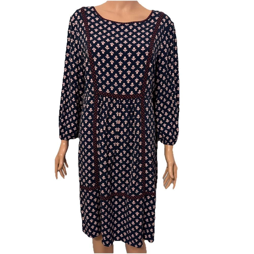 Boden Knee Length Dress Sz 10R Navy Tan Red Boho Babydoll Prairie Zips Pockets